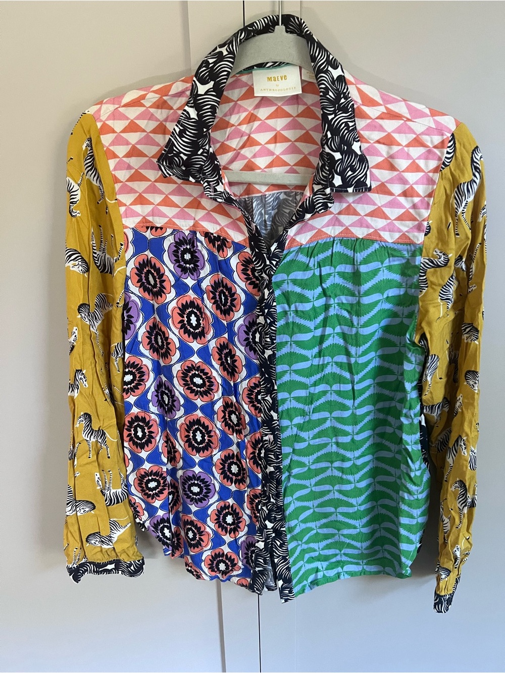 Anthropologie Mixed-Print Button-Down Shirt in Mustard, Pink & Green
